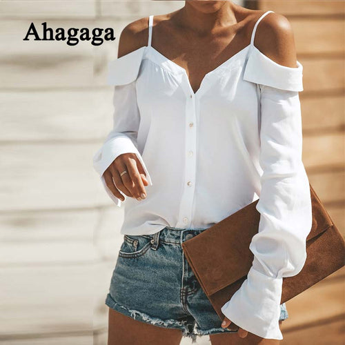 2019 Autumn Casual Blouse Women Tops Fashion Solid White Black Button Slash Neck Regular Long Sleeve Sexy Women Blouses Female