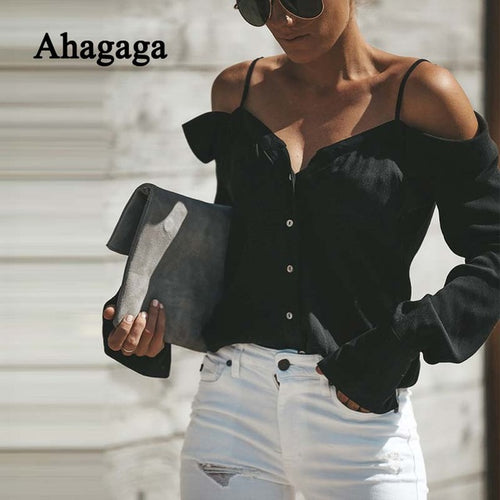 2019 Autumn Casual Blouse Women Tops Fashion Solid White Black Button Slash Neck Regular Long Sleeve Sexy Women Blouses Female