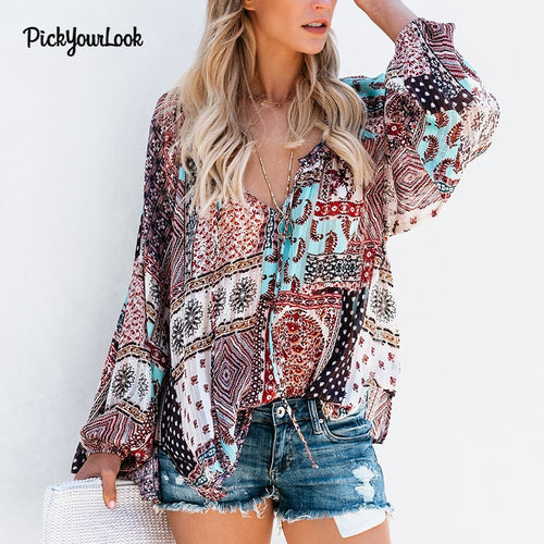 Pickyourlook Women Tops And Blouses Long Sleeve Bohemian Beach Loose Female Shirt Blouse Boho Fashion V Neck Lady Top Blusas D35
