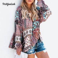 Pickyourlook Women Tops And Blouses Long Sleeve Bohemian Beach Loose Female Shirt Blouse Boho Fashion V Neck Lady Top Blusas D35