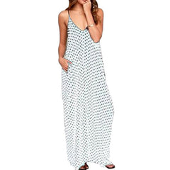 2019 Fashion Women Polka Dot Print V Neck Sleeveless Sundress Loose Maxi Long Beach Bohemian Vintage Dress S to 5XL Summer Dress