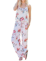 Kawaii Floral Women Jumpsuit Fashion Spaghetti Strap Long Playsuits Casual Beach Wide Leg Pants Jumpsuits Overalls GV736