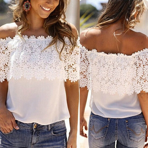 Fashion Tops for Women Summer Lace Blouse Shirt Female Crochet Off Shoulder Chiffon Shirt Casual Tops