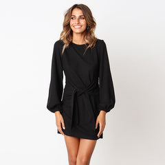 2019 Summer Autumn Dress Fashion Women Casual Loose Elegant Dress Good Quality O-Neck Sexy Black White Dress With Belt Vestidos
