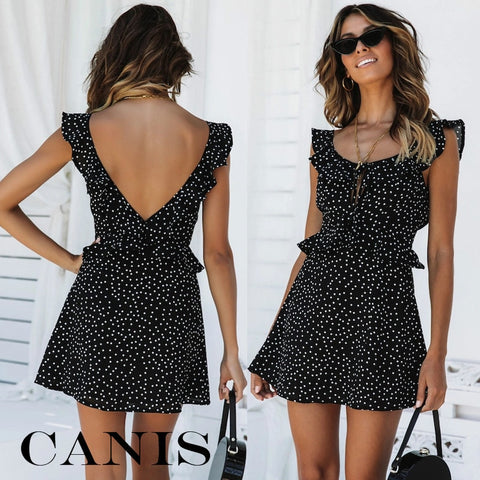 Summer Women Lace Dress Sexy Backless V-neck Beach Dresses 2019 Fashion Sleeveless Spaghetti Strap White Casual Mini Sundress