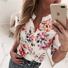 Women Summer 2019 Button Sexy V Neck Half Sleeve Blouse Shirt Floral Fashion Casual Chic Shirts Female Tops black  Blouse Womens