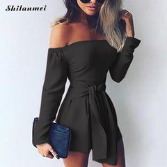 Hot Fashion Sexy Off Shoulder Playsuits Women Long Sleeve Bodycon Bandage Party Short Rompers Plus Size Elegant Ladies Overalls