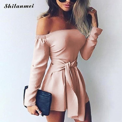 Hot Fashion Sexy Off Shoulder Playsuits Women Long Sleeve Bodycon Bandage Party Short Rompers Plus Size Elegant Ladies Overalls