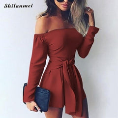 Hot Fashion Sexy Off Shoulder Playsuits Women Long Sleeve Bodycon Bandage Party Short Rompers Plus Size Elegant Ladies Overalls