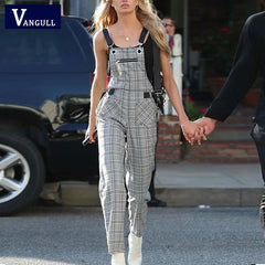 Vangull New Plaid Strap Pants Women Jumpsuit Plaid Print Straight Romper Fashion Long Jumpsuit Overalls Girls Fashion Streetwear