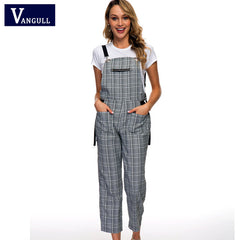 Vangull New Plaid Strap Pants Women Jumpsuit Plaid Print Straight Romper Fashion Long Jumpsuit Overalls Girls Fashion Streetwear